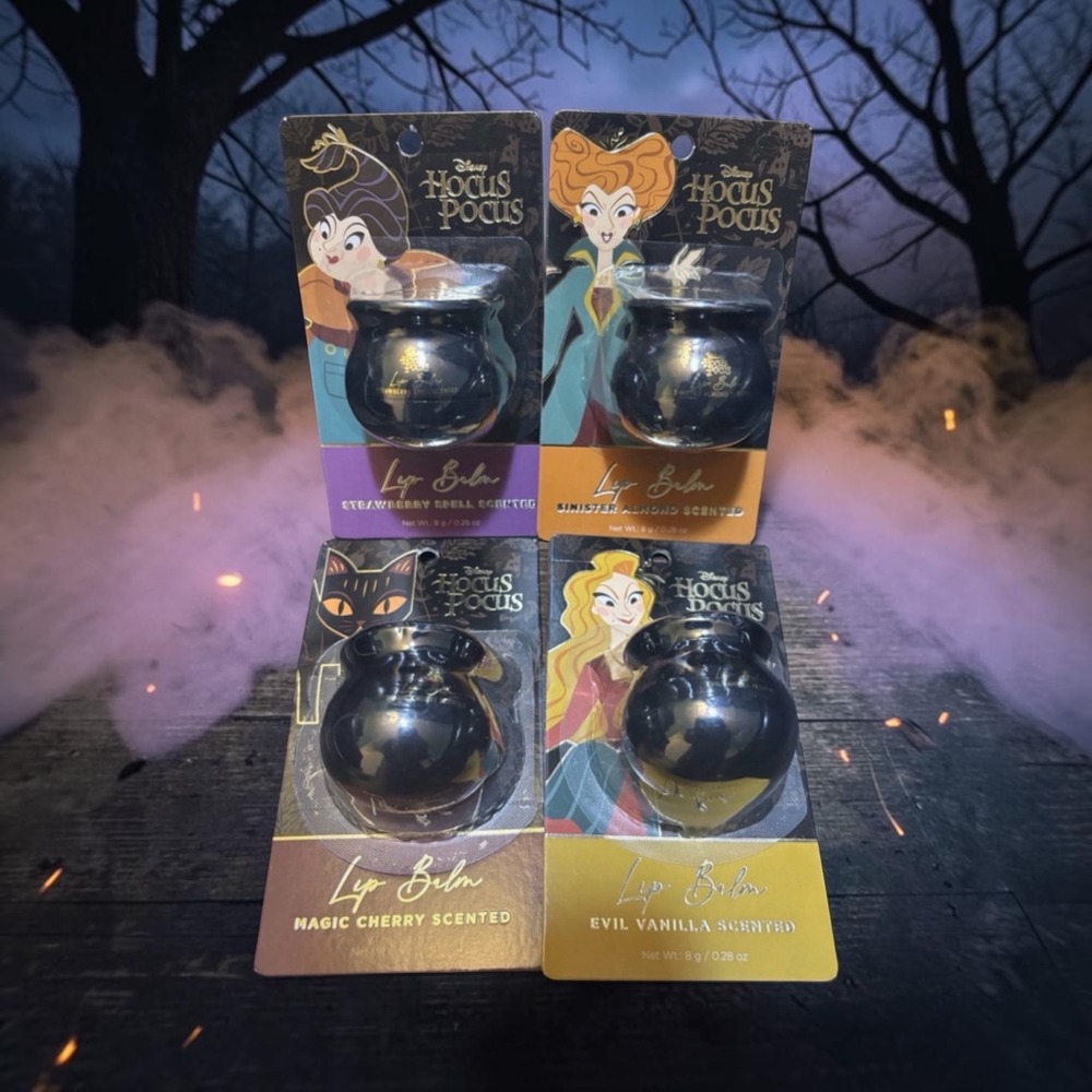 Disney Hocus Pocus Lip Balm Set 4 Pack Cauldron Strawberry Almond Cherry Vanilla